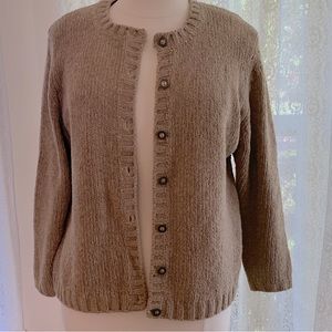 Koret camel brown L large chenille cardigan sweater buttons warm
